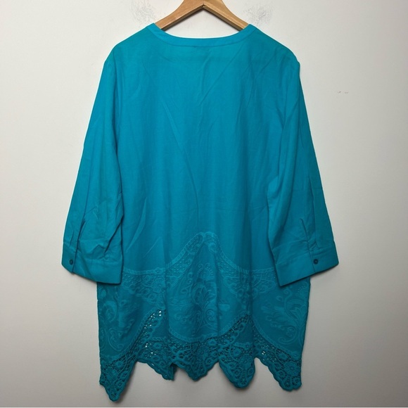 Chico's Turquoise Scalloped Embroidery Lace Cotton Tunic Top Classic Chic NEW - Picture 9 of 14